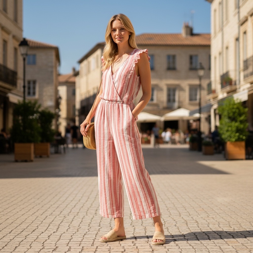 Old Navy Pink & White Striped Linen Blend Sleeveless Jumpsuit with Pockets